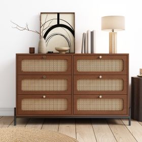 Modern Cannage Rattan Wood Closet 6-Drawer Dresser Wood Storage Cabinet Sideboard for Bedroom, Living Room, Entryway, Hallway, Walnut