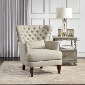 Traditional Living Room Luxury Accent Chair 1pc High Flair-Back Button-Tufted Beige Nailhead-Trim Lumbar Pillow Soldi Wood Furniture