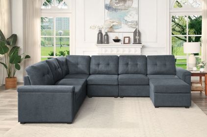 Isla 119" Gray Woven Fabric 7-Seater Sectional Sofa with Ottoman