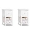 2pcs/Set Nightstands Bedroom, Simple Wooden Bedside Table Night Stand with Drawer and Storage Basket Household(White)