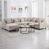 Nolan 124" Beige Linen Fabric 6Pc Reversible Chaise Sectional Sofa with Pillows and Interchangeable Legs