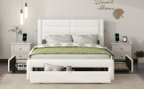 Queen Size Bed Frame with Drawers Storage, Leather Upholstered Platform Bed with Charging Station, White (Expect arrive date Jan. 12th. 2024)