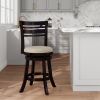 24" Counter Height Slat Back Swivel Stool, Espresso Finish, Beige Fabric Seat