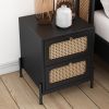 3 Pieces Modern Cannage Rattan Platform Queen Bed + Nightstand*2, Black