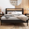 3 Pieces Modern Cannage Rattan Platform Queen Bed + Nightstand*2, Black