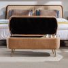 Camel Storage Ottoman Bench for End of Bed Gold Legs, Modern Camel Faux Fur Entryway Bench Upholstered Padded with Storage for Living Room Bedroom