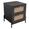 3 Pieces Modern Cannage Rattan Platform Queen Bed + Nightstand*2, Black