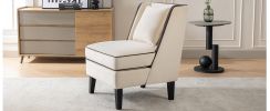 Velvet Upholstered Accent Chair with Black Piping, Cream and Black