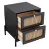 3 Pieces Modern Cannage Rattan Platform Queen Bed + Nightstand*2, Black