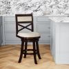 24" Counter Height X-Back Swivel Stool, Espresso Finish, Beige Fabric Seat