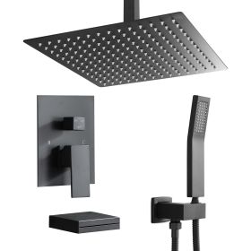 Lordear 12 Inch 3-Spray Shower System With Square Ceiling Mounted Adjustable Shower Head And Handheld Shower With Hose (Color: Matte Black)